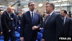 Predsjednik Srbije Aleksandar Vučić i premijer Hrvatske Andrej Plenković tokom otvaranja mostarskog sajma privrede 16. april 2024