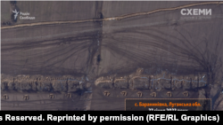 Село Бараниковка близо до Сватово, Луганска област, 27.01.23 г. Окопи на руската армия и "драконови зъби". Сателитна снимка на Planet Labs