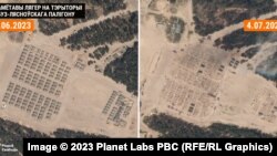 Desființarea taberei de corturi de la baza de antrenament Abuz-Liasnouski. În stânga este o fotografie făcută pe 6 iunie; în dreapta, pe 4 iulie.