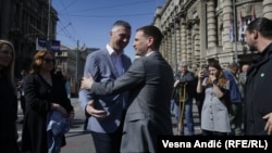 Lideri Dveri i Nove Demokratske stranke Srbije Boško Obradović i Miloš Jovanović na protestu ispred Vlade u Beogradu, 24. mart 2023.