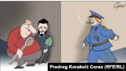 Karikatura Predraga Koraksića Koraksa prikazuje Josipa Broza kojeg sa lopatom i zarđalom kašikom čekaju Aleksandar Šapić i Vojislav Šešelj, 5. april 2024.