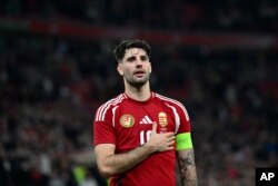 Mađar Dominik Soboslai nakon međunarodne prijateljske fudbalske utakmice između Mađarske i Turske u Puškaš areni u Budimpešti, 22. marta 2024.