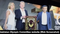 Британският гражданин Рос Конън на представянето на марката за спортни облекла 7SABER в Ташкент, 26 юни 2021 г.