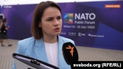 Lidera opoziției din Belarus, Svetlana Țihanovskaia într-un interviu cu RFE/RL, cu ocazia summit-ului NATO de la Vilnius, Lituania, 11 iulie 2023.