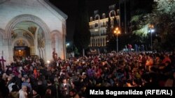 Crowds gather in front of the parliament building and near the Kashveti Church for the Easter vigil late on May 4.