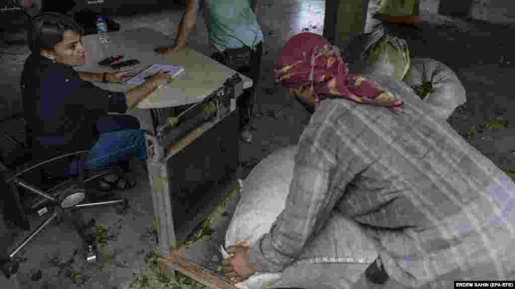 Një afgan duke vendosur thasë të mbushur me gjethe çaji për t&#39;u peshuar dhe kontrolluar në një qendër blerjeje. Turqia vazhdon të ketë numrin më të madh të refugjatëve në mbarë botën, pasi numri i personave të zhvendosur me forcë në të gjithë botën për shkak të konfliktit, dhunës dhe persekutimit, ka arritur nivele rekord.