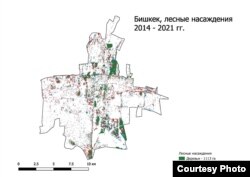 Карта Бишкека. Зеленым обозначены деревья, а красным - вырубленные зеленые насаждения.