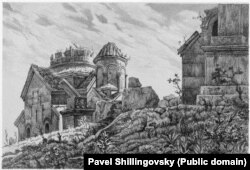 Обект, скициран през 1933 година, за който се смята, че е манастирът Кечарис в арменската провинция Котайк.