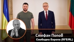 Колаж на Стефан Попов и снимка на Володимир Зеленски и Николай Денков от посещението на украинския президент в България 