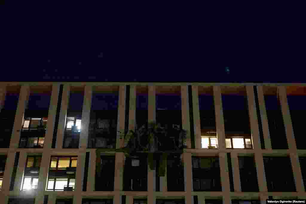 A view of an apartment building that was struck by a Russian drone. Ukraine said it had downed 20 Russian attack drones and two cruise missiles during the overnight attack.
