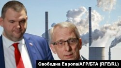 Депутатът от ДПС Делян Пеевски (вляво) и премиерът Николай Денков на фона на ТЕЦ. Колаж.