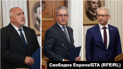 Колаж със снимки на лидера на ГЕРБ Бойко Борисов, депутата от ДПС Йордан Цонев и бившия премиер от ПП-ДБ Николай Денков от консултациите на парламентарните им групи при президента Румен Радев, 24 юни 2024 г.