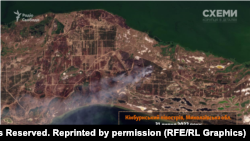 Пожари на полуостров Кинбърн, 31.07.22 г. Сателитна снимка на Planet Labs