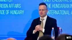 Szijjártó Péter külgazdasági és külügyminiszter a Budapest Balkans Forum panelbeszélgetésén a Corinthia hotelben 2024. március 12-én