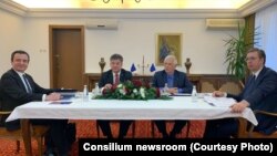 S leva na desno: premijer Kosova Aljbin Kurti, specijalni izaslanik za dijalog Kosova i Srbije Miroslav Lajčak, šef evropske diplomatije Žozep Borelj i predsednik Srbije Aleksandar Vučić, Ohrid, Severna Makedonija, 18. mart 2023.