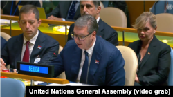 Presidenti i Serbisë, Aleksandar Vuçiq, në Asamblenë e Përgjithshme të OKB-së më 23 maj, 2024.
