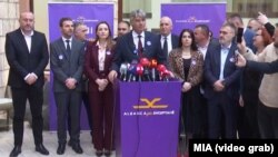 Зијан Села по неколкучасовниот состанок на Целтралното собрание на Алијанса за Албанците, 10 февруари 2024 г.