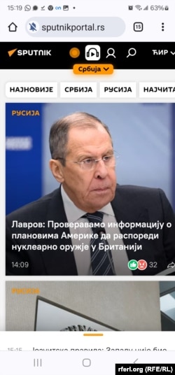 Conținutul Sputnik în limba sârbă, accesat de la Bruxelles pe 30 ianuarie 2024.
