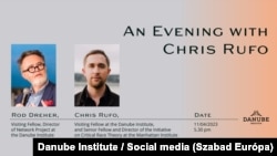 Poszt a közösségi médiában Rod Dreher és Chris Rufo kétszemélyes, a Danube Institute által 2023. április 11-re szervezett nyilvános beszélgetéséről