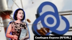 Наталия Станчева получи в края на 2023 г. наградата „Златен ключ“ на Програма достъп до информация в категорията „Гражданин, най-активно използвал правата си по ЗДOИ“. На снимката е Станчева на фона на АЕЦ "Козлодуй". Колаж
