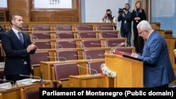 Premijer Milojko Spajić i predsjednik Parlamenta Andrija Mandić u Skupštini Crne Gore, Podgorica, 30. oktobra 2023.