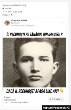 Una din postările sponsorizate de pe pagina Natalia îl prezintă pe Nicolae Ceaușescu tânăr. Urmăritorii sunt îndemnați să reacționeze dacă îl recunosc.