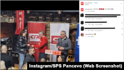 Objava na profilu Socijalističke partije Srbije u Pančevu na društvenoj mreži Instagram na kojoj se vidi funkcioner Dušan Bajatović (u sredini) u crvenom duksu sa simbolom ruske invazije na Ukrajinu, 4. decembar 2023.