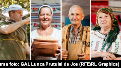 Patru artizani din Lunca Prutului de jos. De la stânga la dreapta: Sergiu Chetroi, Maria Minciună (cunoscută ca tanti Mașa), Gheorghe Burcă, Valentina Grigoriță.