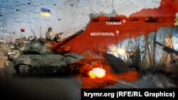 Коллаж с использованием изображений военной техники и карты с обозначением оккупированной части юга Украины