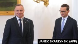 Полскиот претседател Анджеј Дуда и премиерот Матеуш Моравјецки за време на консултациите за формирање на нова влада, Варшава, 24 октомври 2023