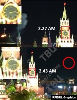 Время на часах на Спасской башне и два дрона