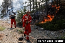 Dy zjarrfikës në Shqipëri shihen me lopata në duar në përpjekje për të shuar zjarret.