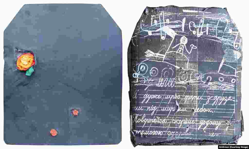 The Ukrainian artists involved in the project include Ivan Marchuk, Tiberiy Silvashi, Nazar Bilyk, Petro Bevza, Yuriy Vakulenko, and Anton Logov.&nbsp;The armor plates bear the signatures of the soldiers who were wearing the protection when it was struck.