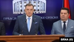 Presidenti i Repubikës Sërpska, Millorad Dodik, dhe kryetari i Parlamentit të këtij entiteti, Nenad Stevandiq. Banjalluka, 12 mars 2025. 
