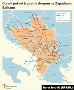 Glavne rute krijumčarenja droge na Zapadnom Balkanu.