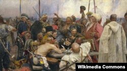 Kozakët e Zaporizhjas duke i shkruar një letër tallëse sulltanit turk. Pikturuar nga Ilya Repin, 1880-91.