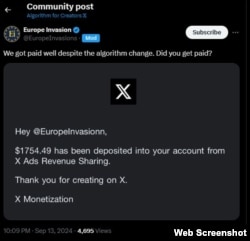 "Europe Invasion" koristi više načina monetizacije koju nudi X. Septembar 2024.