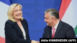 A francia elnökválasztás volt szélsőjobboldali jelöltje, Marine Le Pen Budapesten Orbán Viktor miniszterelnökkel 2021. október 26-án