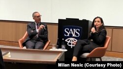 Presidentja e Kosovës, Vjosa Osmani, gjatë ligjëratës në Uashington, 10 korrik 2025.