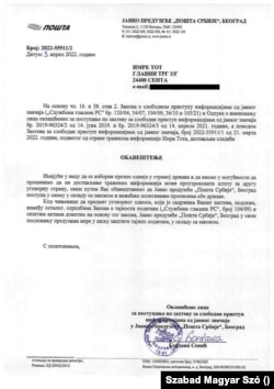 A Szerb Posta titokvédelemre hivatkozva tagadta meg a választ arra a kérdésre, hogy kinek adták kézbesítésre a magyar levélszavazatokat.