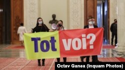 Doi reprezentanți ai unor ONG-uri protestează în holul Parlamentului României. În ultimii ani, din ce în ce mai mulți reprezentanți ai societății civile au criticat acțiunile politicienilor români.
