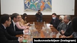 Србија - Шефот на Мисијата на Обединетите нации на Косово (УНМИК) Захар Танин и српскиот претседател александар Вучиќ во Белград, 7 октомври, 2021. 
