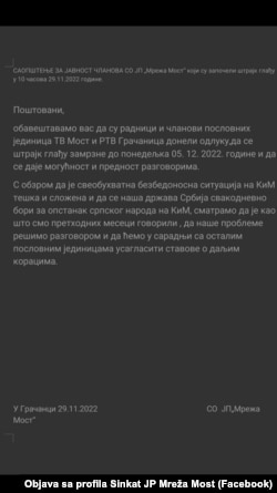 Saopštenje o prekidu štrajka