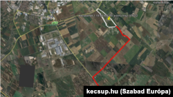 Hat kilométer hosszú vezetéket (pirossal jelölve) fektetnének le a földbe. Kép: Telephelyvizsgálat Red Flag Riport Kecskemét (0763/2 hrsz.)