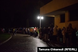 The passport control line at the railway station in Przemysl.