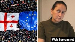Колаж: прапори Грузії та ЄС і журналістки Мзії Амаглобелі. У січні 2025 року її засудили до двох років позбавлення волі за опір владі під час проєвропейського мітингу в Батумі