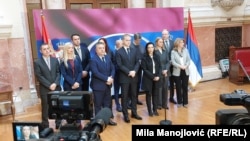 Poslanici opozicione Stranke slobode i pravde na konferenciji za medije u Skupštini Srbije, 5. mart 2025.