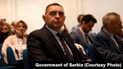 Aleksandar Vulin, u vreme kada je bio ministar unutrašnjih poslova Srbije, na konferenciji 'Sećanja na pobednike', u Ruskom kulturnom centru u Beogradu, 3. novembar 2021. godine.