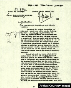 Nota informativă semnată de ofițerul SS Richter depusă la dosarul de la Yad Vashem pentru Regina Mamă Elena