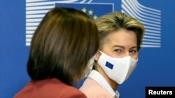 Președinta R. Moldova, Maia Sandu, și președinta Comisiei Europene, Ursula von de Leyen. Bruxelles, 18 ianuarie 2021